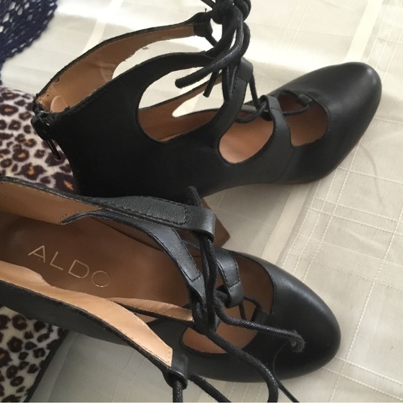 HP-ALDO BLACK LEATHER TIE LACE 4” BLOCK SQUARE HEEL SHOES/ NEW CONDITION /SIZE 6 - Picture 8 of 12